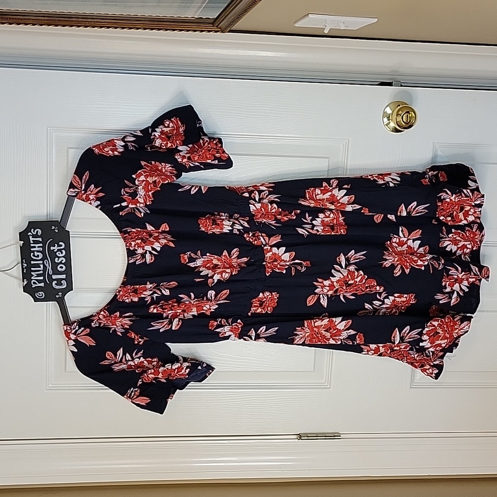 New Look Mini Dress Large Navy Coral Pink Flowers
